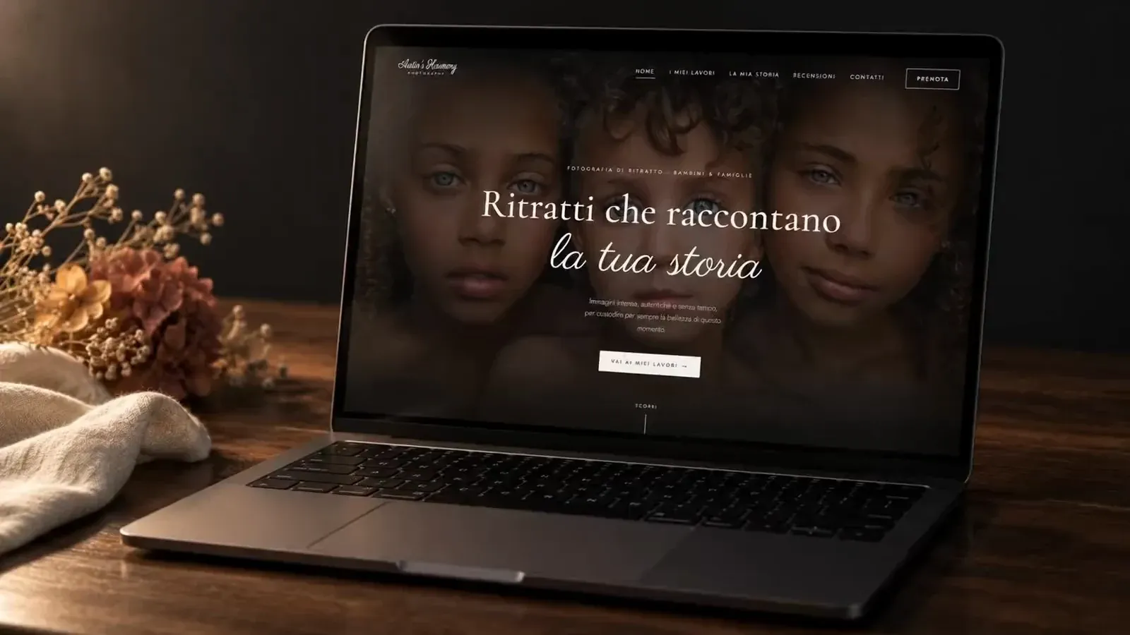 Homepage del sito di Austin's Harmony Photography su un portatile appoggiato su un tavolo in noce, con fiori secchi e un telo di lino