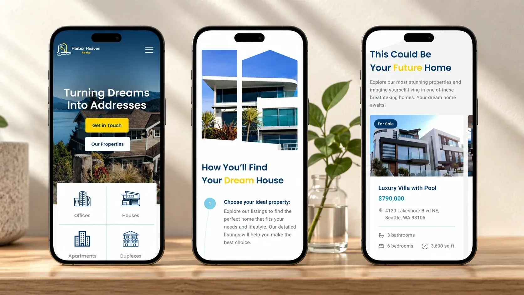 Tre smartphone con la homepage, la sezione dei tre passi per trovare casa e il carosello delle proprietà di Harbor Heaven Realty