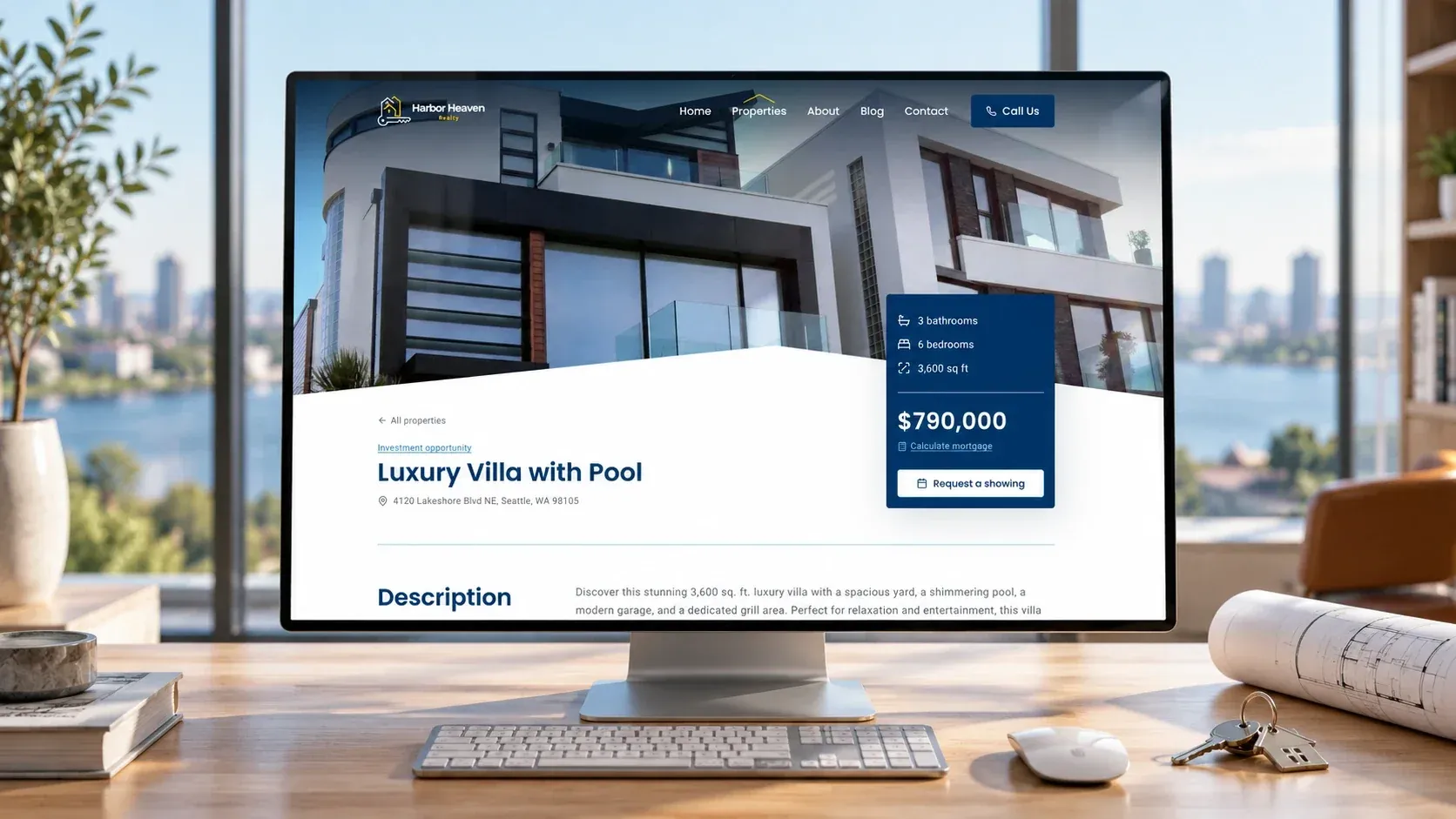 Scheda della proprietà "Luxury Villa with Pool" su un monitor, con il riquadro di bagni, camere, superficie, prezzo e il pulsante per richiedere una visita