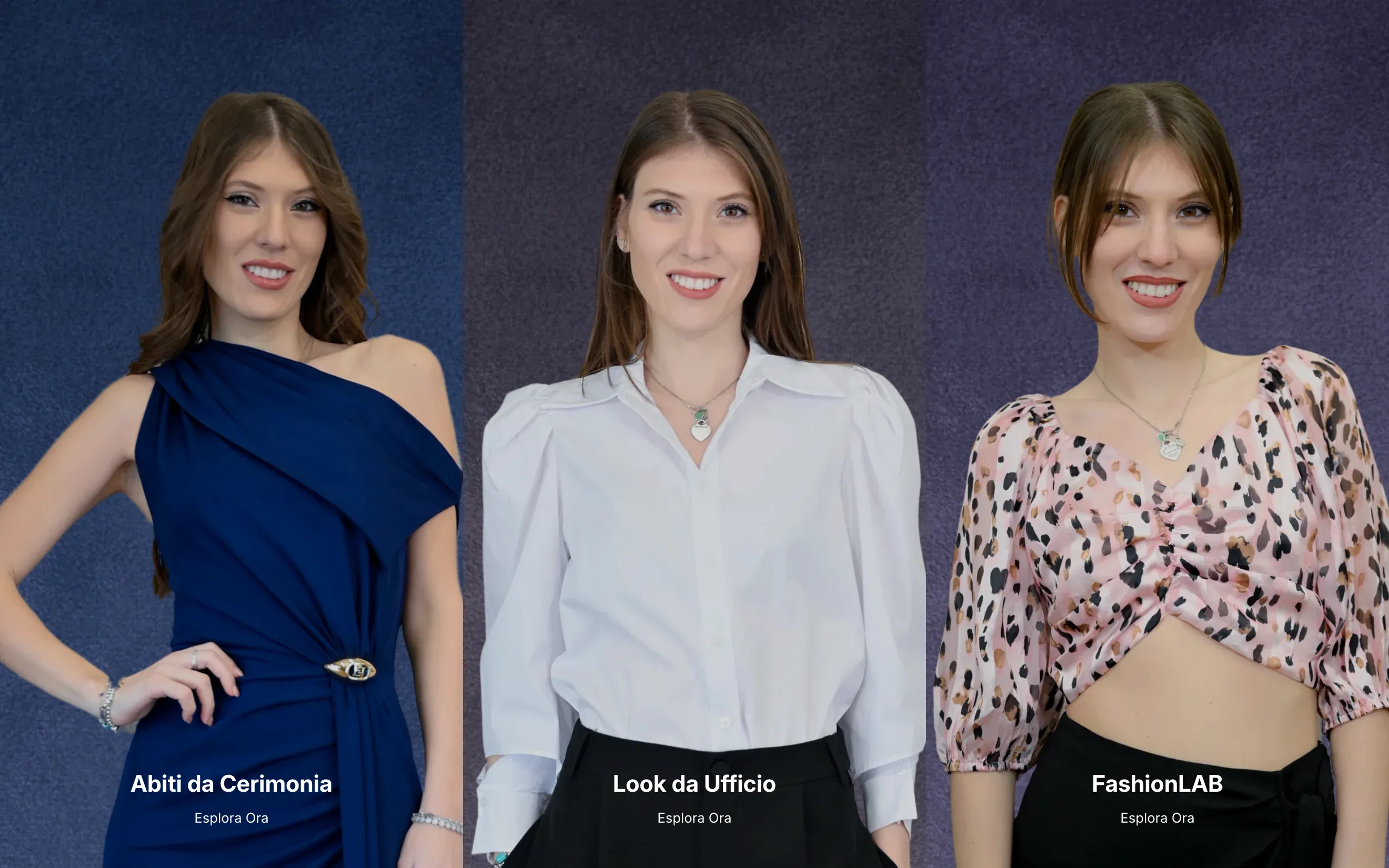Sezione della homepage di Quinta Strada con tre percorsi d'acquisto: Abiti da Cerimonia, Look da Ufficio e FashionLAB