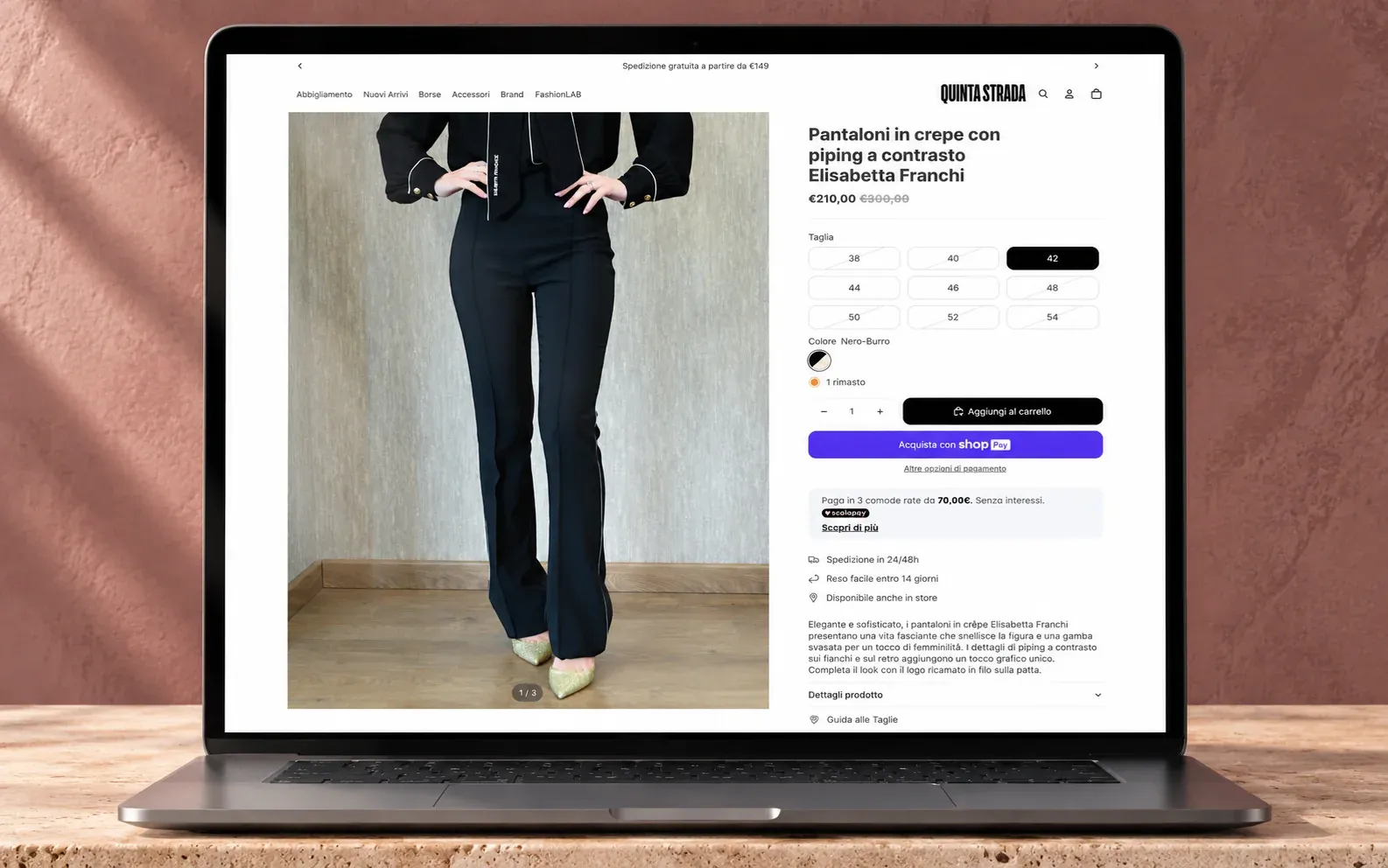 Pagina prodotto Shopify di Quinta Strada per pantaloni Elisabetta Franchi, con galleria, selezione taglia, pagamento a rate e garanzie