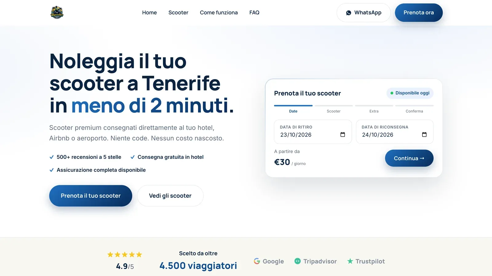 Homepage del redesign di Rey Scooters: titolo "Noleggia il tuo scooter a Tenerife in meno di 2 minuti" con il modulo di prenotazione accanto