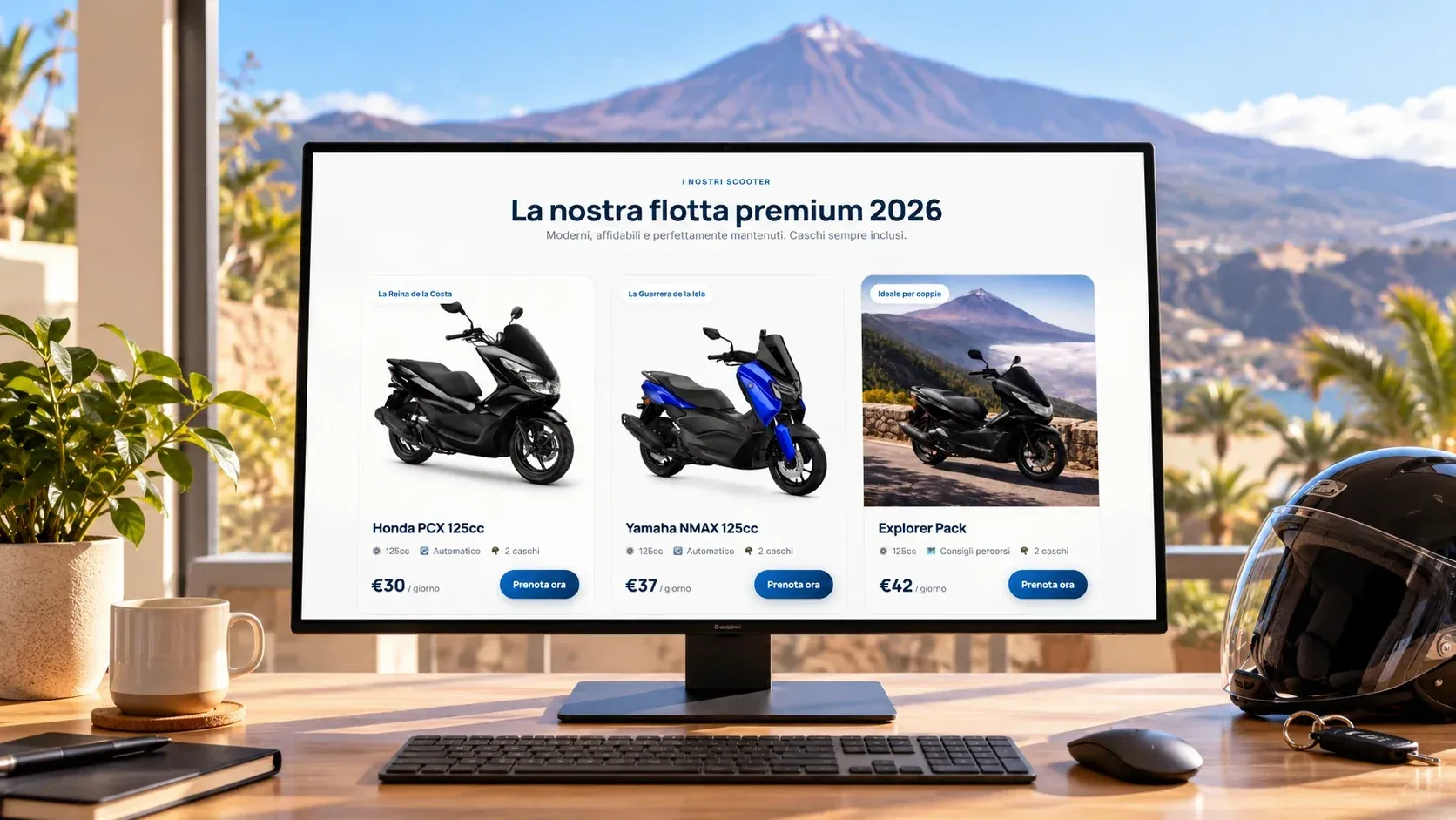 Sezione "La nostra flotta premium 2026" su un monitor davanti a una finestra con vista sul Teide: Honda PCX, Yamaha NMAX ed Explorer Pack con i prezzi al giorno
