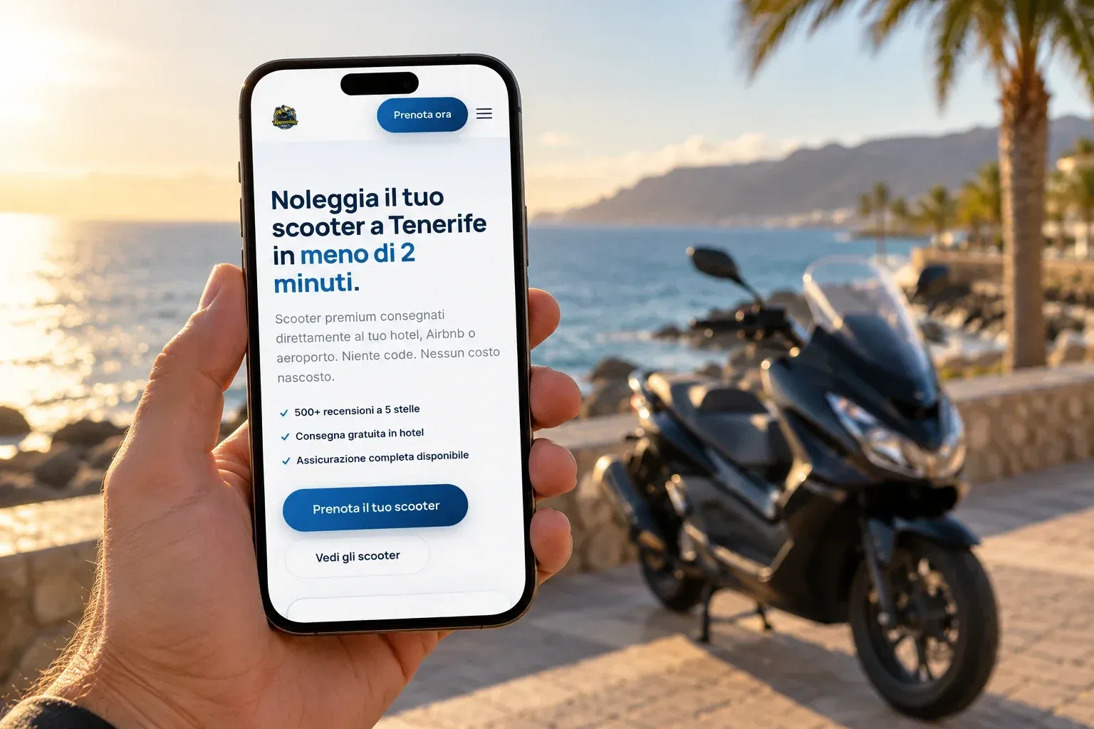 Mano che tiene uno smartphone con la homepage del redesign di Rey Scooters sul lungomare di Costa Adeje, con uno scooter parcheggiato al tramonto