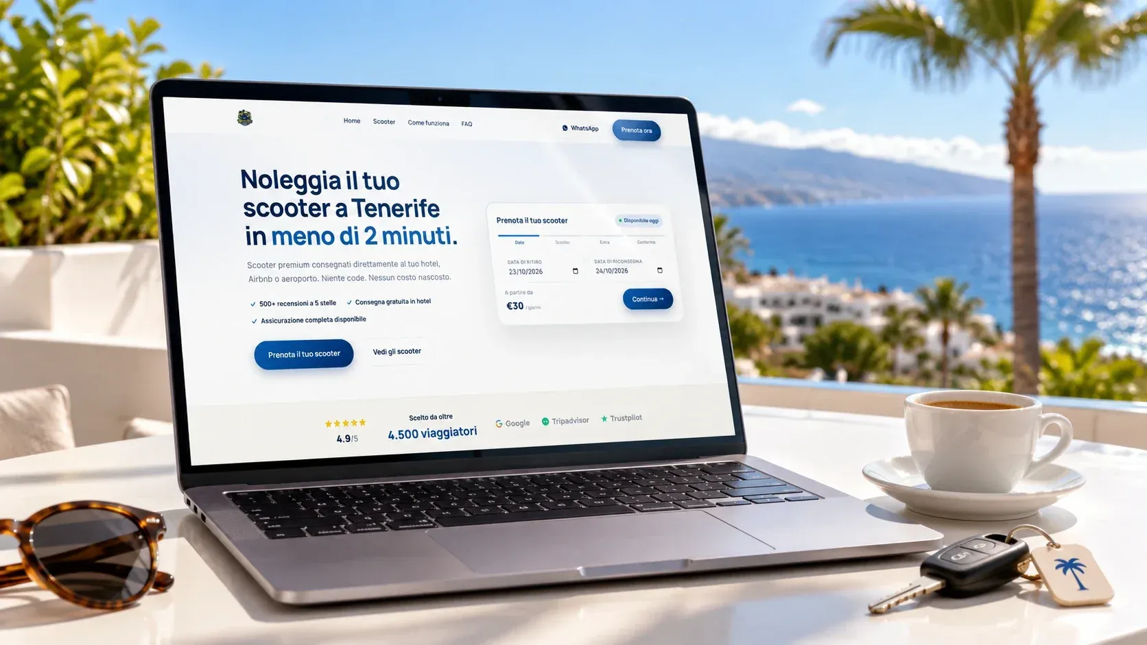 Homepage del redesign di Rey Scooters su un portatile su una terrazza sul mare a Tenerife, accanto a occhiali da sole, un caffè e la chiave di uno scooter