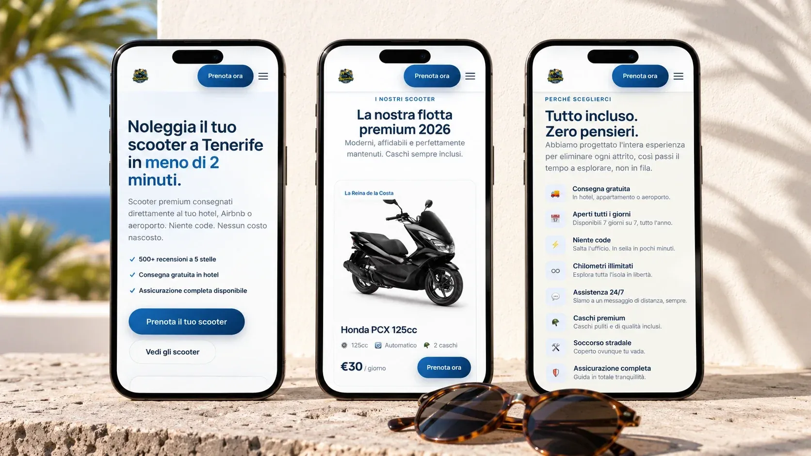 Tre smartphone con la homepage, la flotta con la Honda PCX a 30 euro al giorno e la sezione con cosa è incluso nel noleggio
