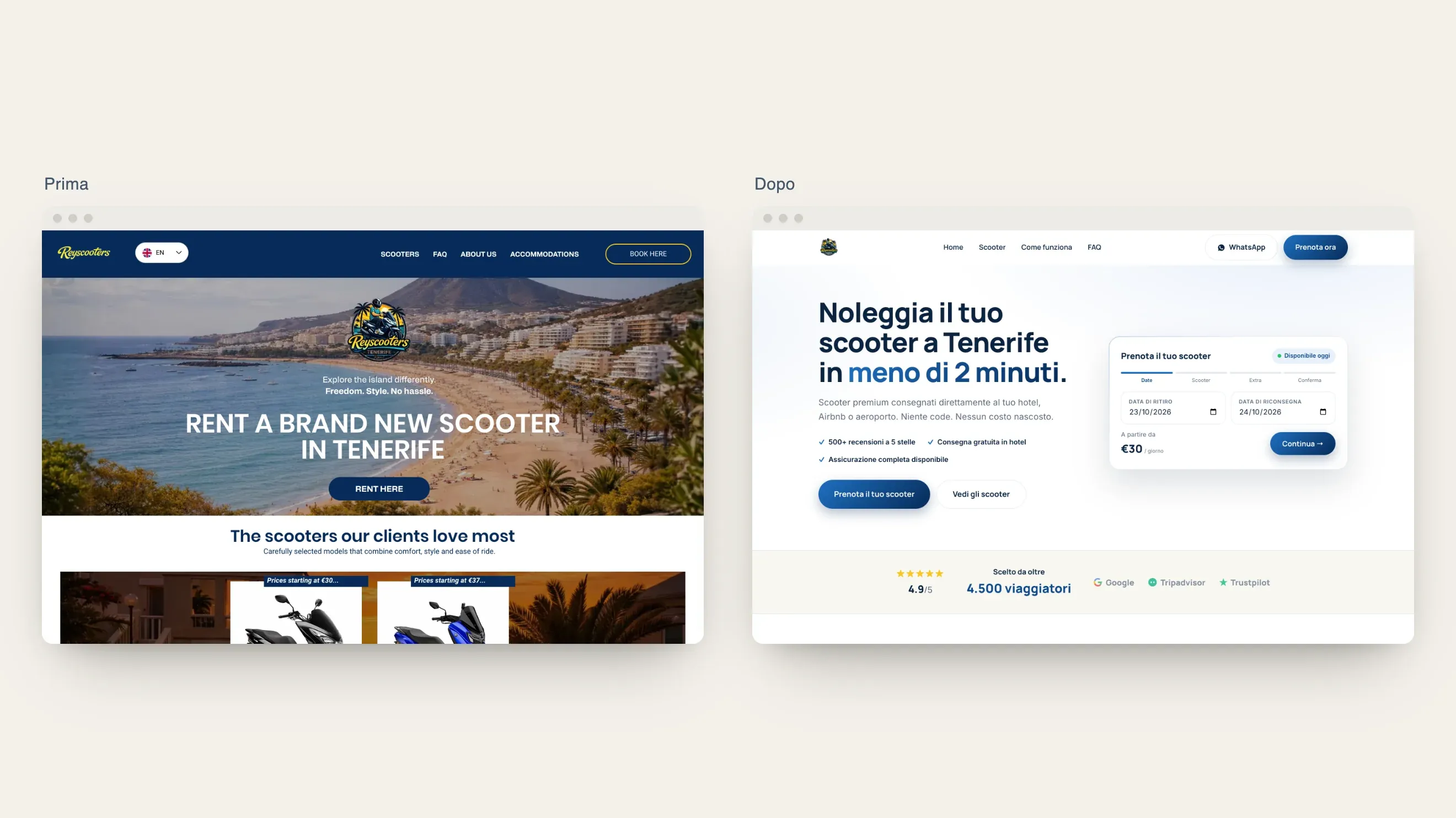 Confronto tra la homepage attuale di Rey Scooters, con la foto della costa e il pulsante Rent here, e il redesign con il modulo di prenotazione nel primo schermo
