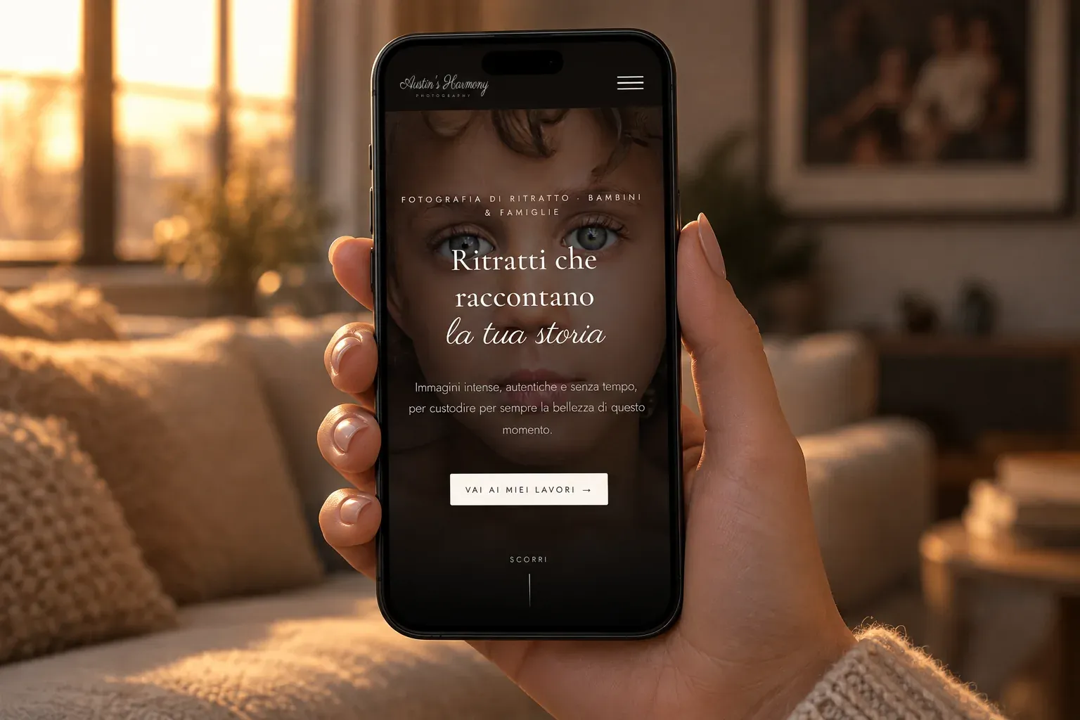 Mano che tiene uno smartphone con la homepage mobile del sito, sullo sfondo un soggiorno alla luce del tramonto