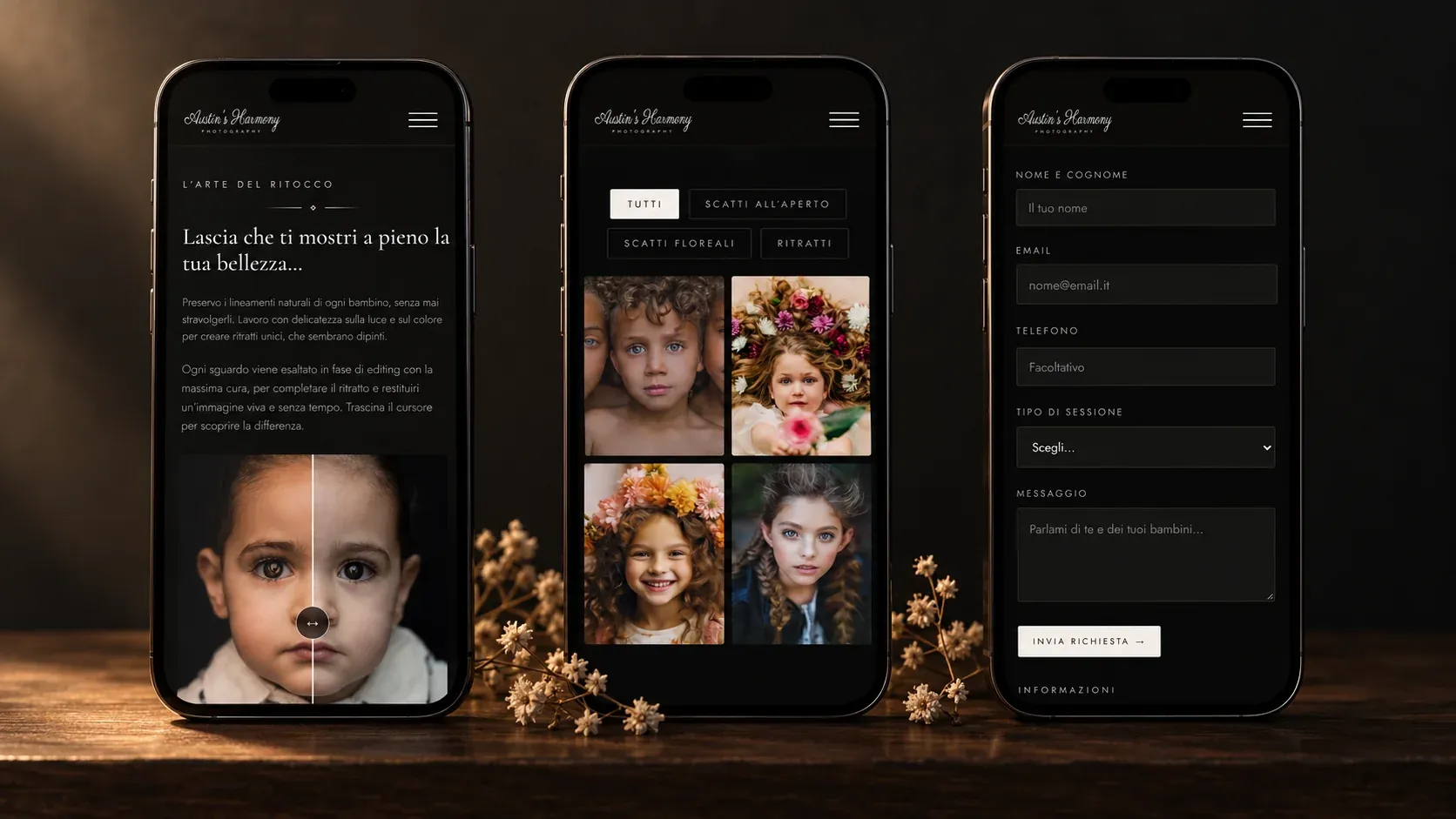 Tre smartphone con la sezione del ritocco, la galleria e il modulo di prenotazione in versione mobile