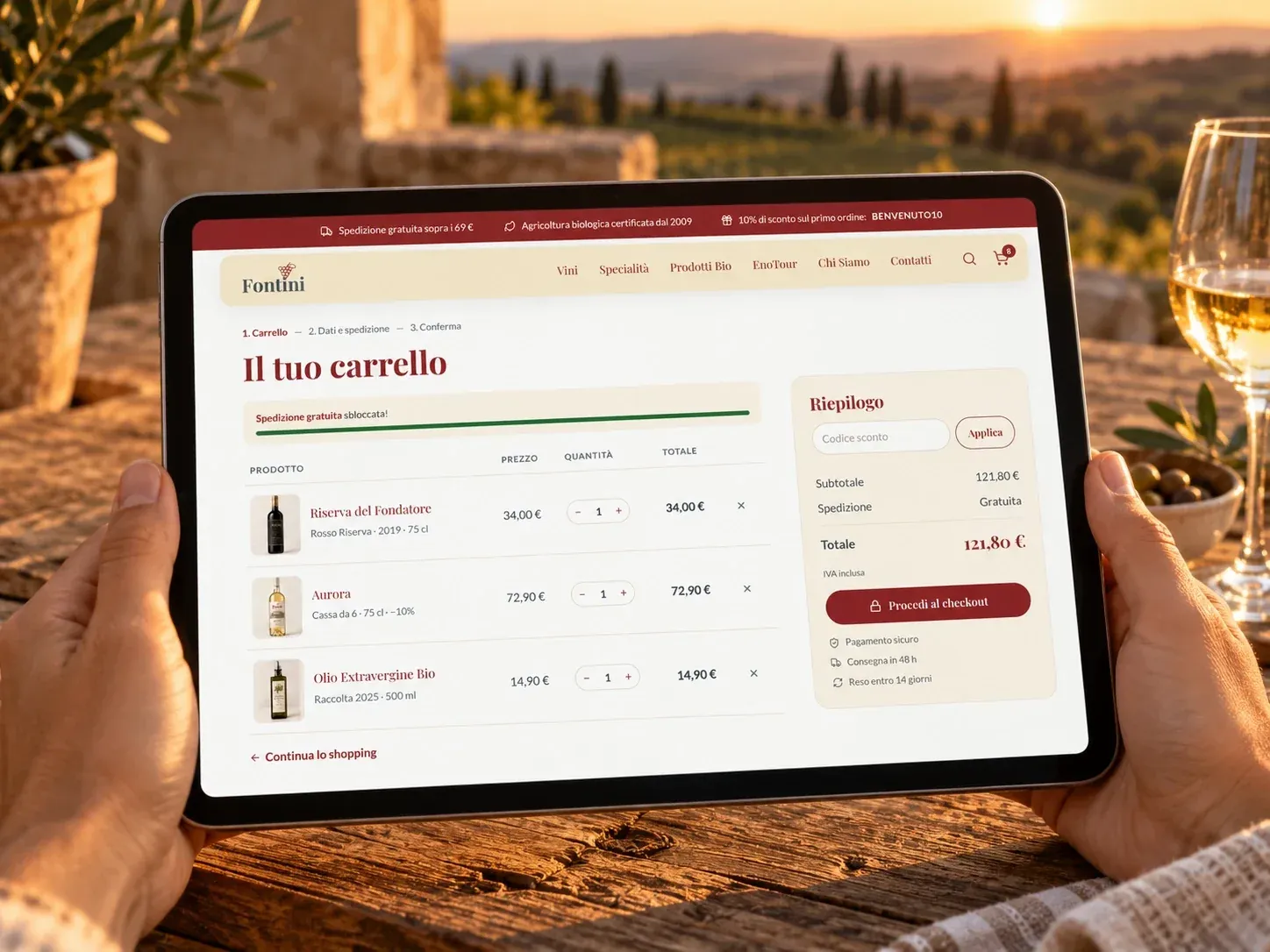 Mani che tengono un tablet con il carrello di Fontini: barra della spedizione gratuita sbloccata, tre prodotti e il riepilogo con il totale