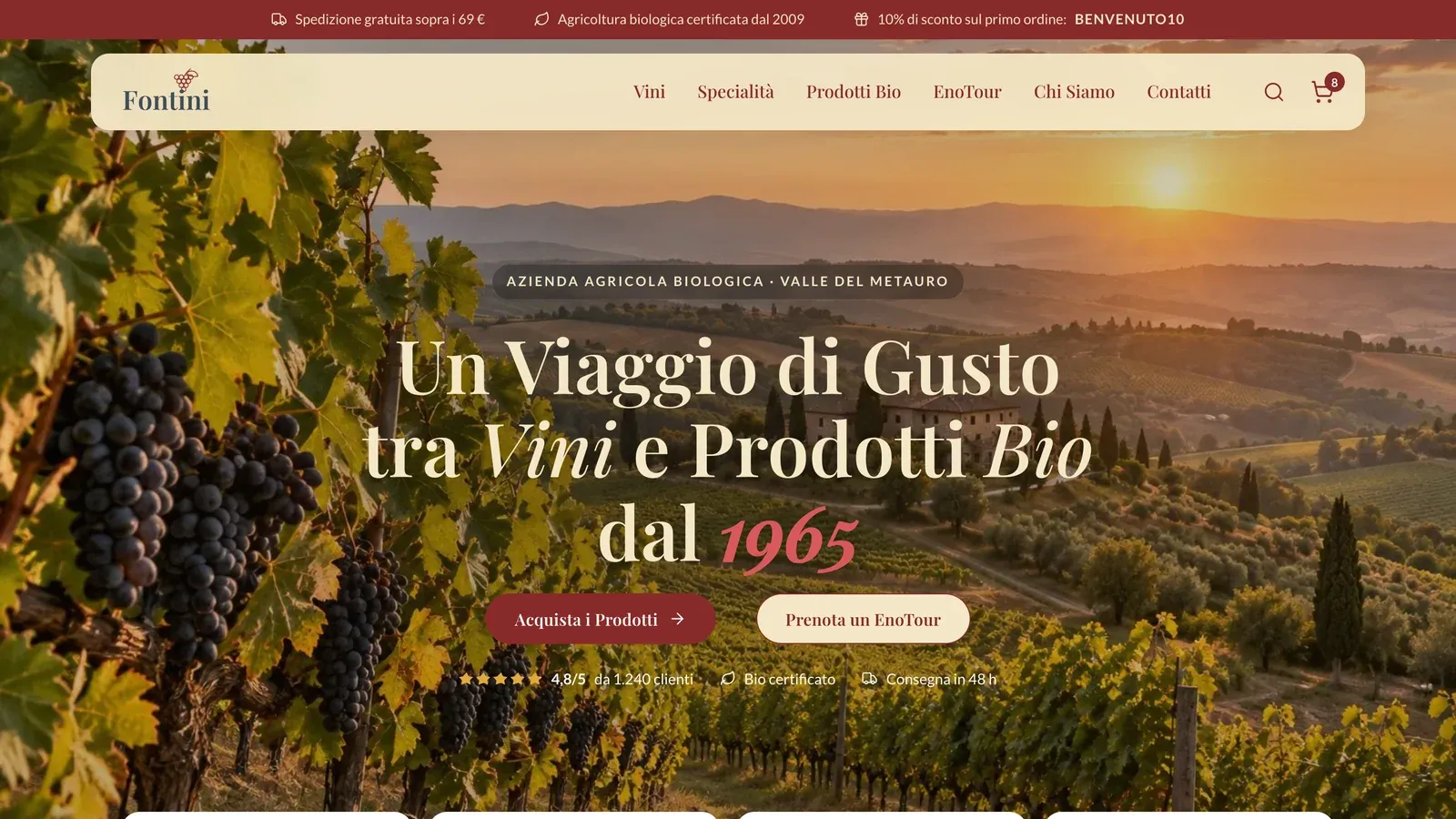 Homepage di Fontini: titolo "Un Viaggio di Gusto tra Vini e Prodotti Bio dal 1965" su una vigna al tramonto, con le quattro categorie del negozio sotto