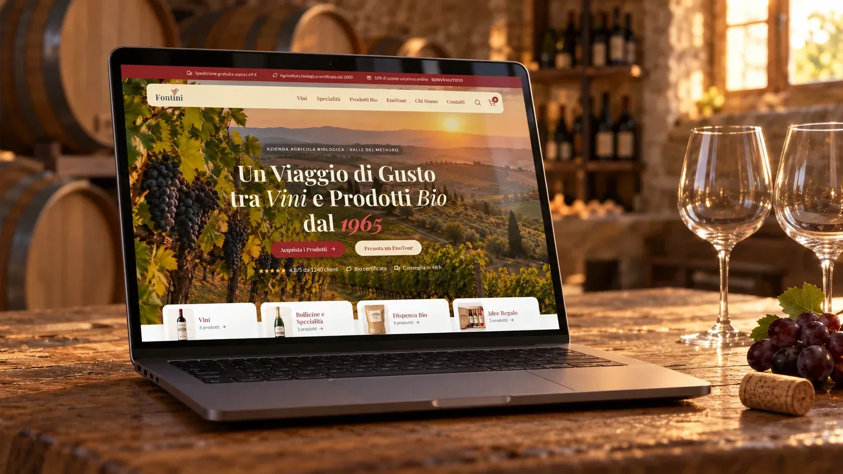 Homepage di Fontini su un portatile in una sala di degustazione con botti di legno, due calici vuoti, un tappo e un grappolo d'uva