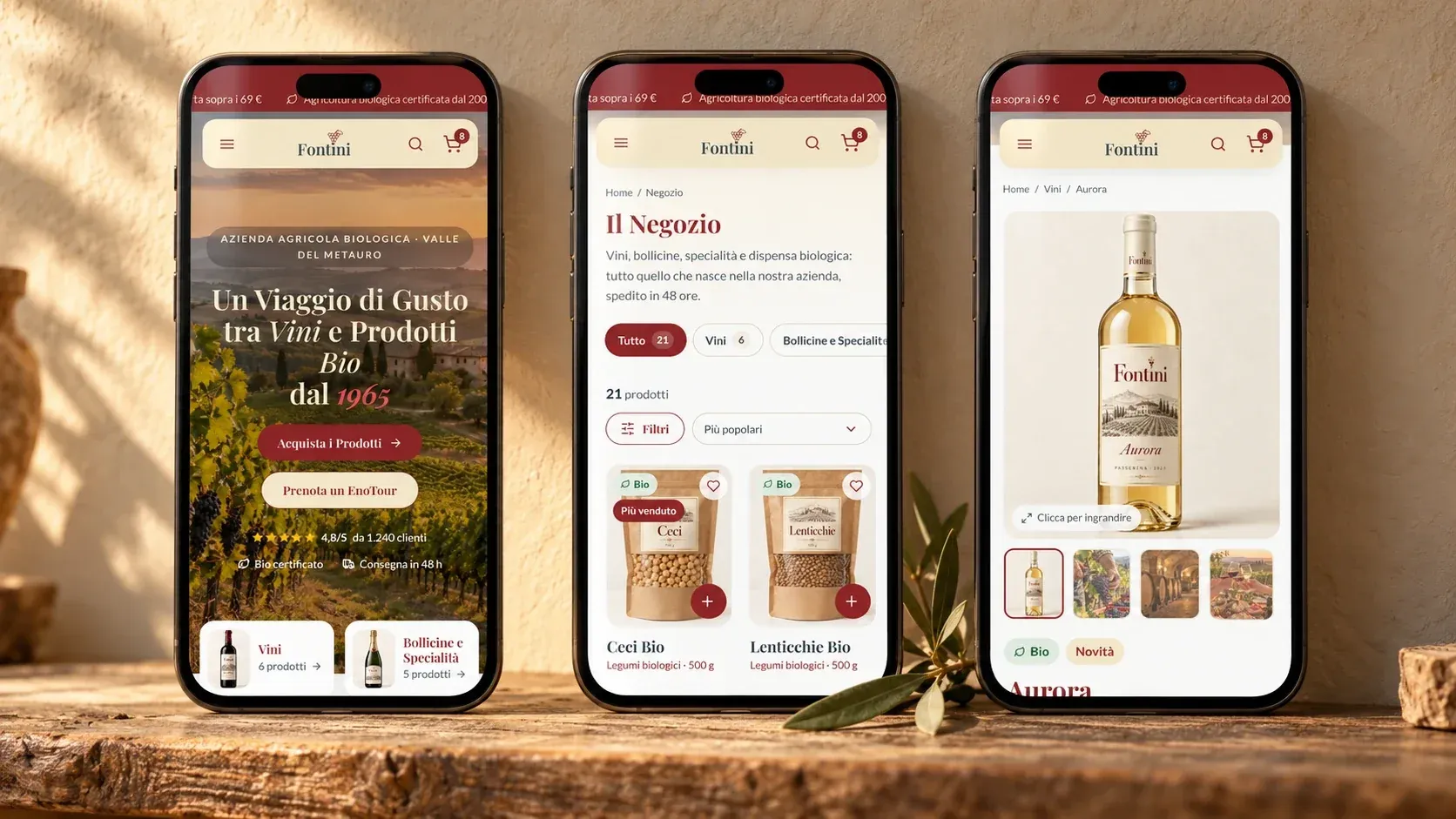 Tre smartphone con la homepage, il negozio con i filtri e la scheda del vino Aurora di Fontini