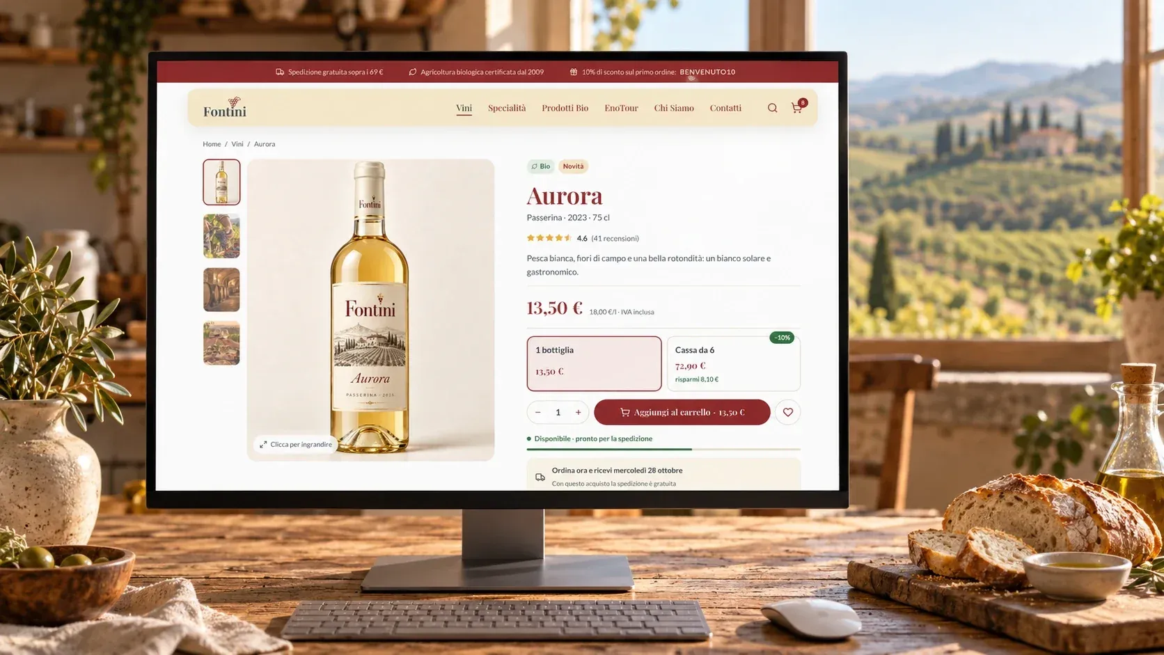 Scheda del vino bianco Aurora su un monitor in una cucina di campagna: foto della bottiglia, prezzo, scelta fra una bottiglia e la cassa da 6 con il 10% di sconto, data di consegna
