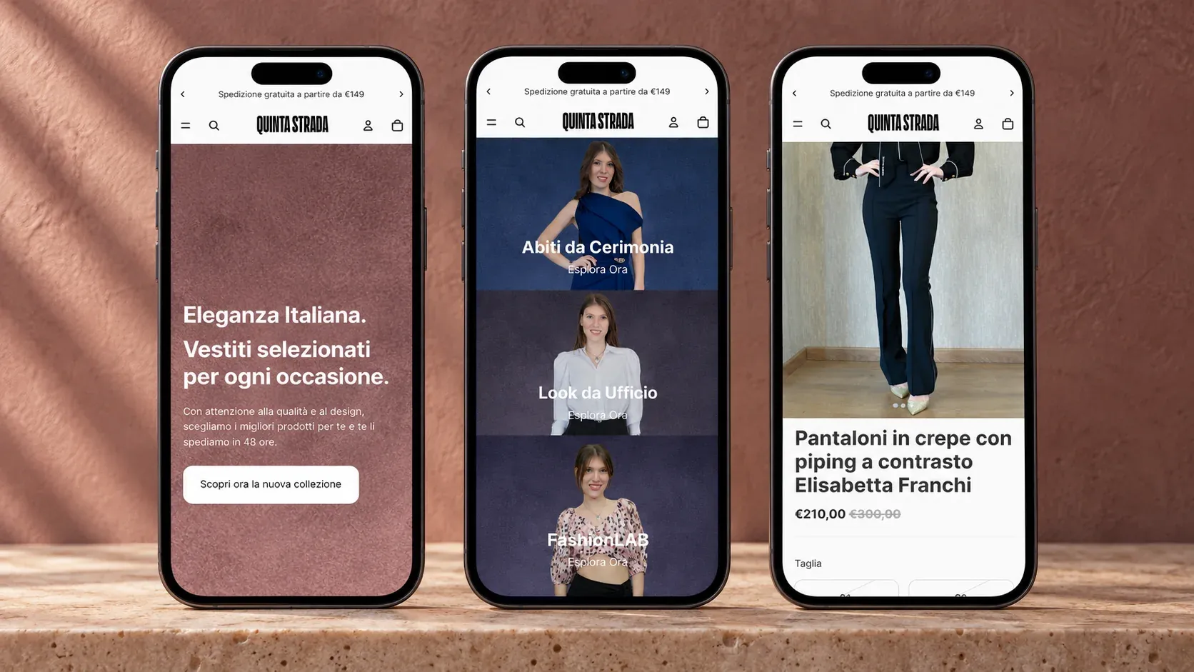 Tre smartphone con la homepage mobile, i percorsi per occasione e la scheda prodotto di Quinta Strada