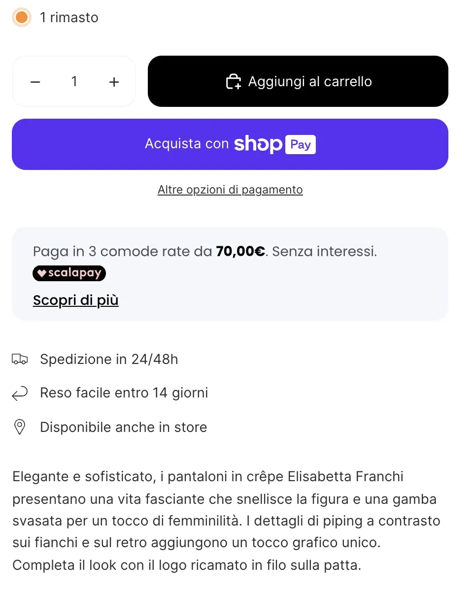 Dettaglio della pagina prodotto: pulsante Aggiungi al carrello, Shop Pay, Scalapay, spedizione in 24/48 ore, reso entro 14 giorni e disponibilità in negozio
