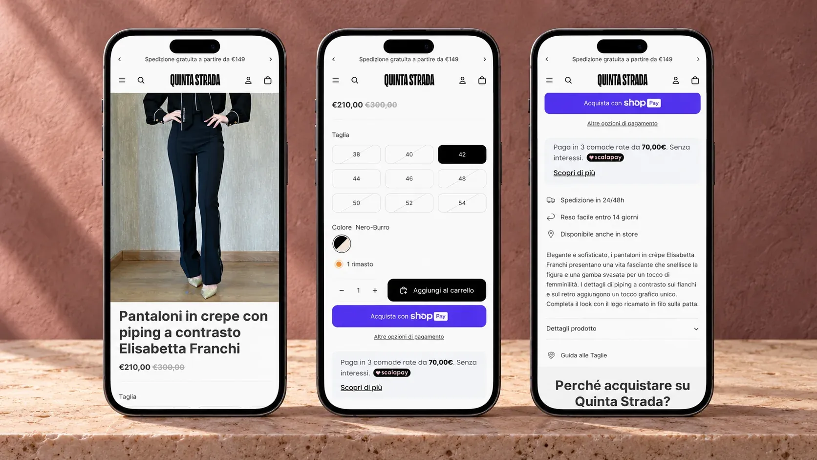 Tre schermate mobili della pagina prodotto di Quinta Strada: galleria, selezione taglia e colore, garanzie e descrizione del capo